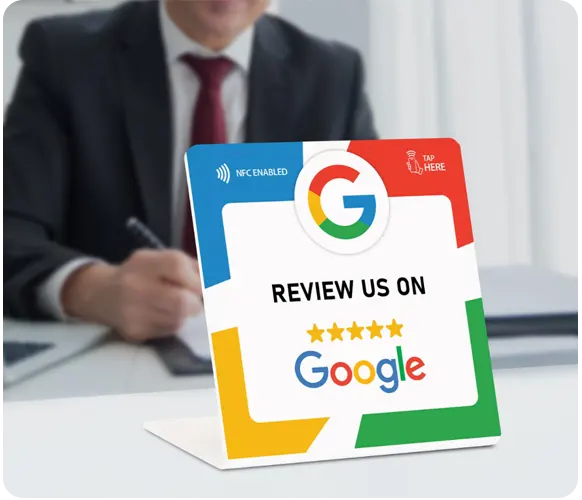 Google Review Stand on a service desk